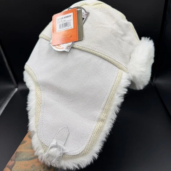 Unisex NWT Screamer Trapper Aviator Hat White Fur Winter Warm Leather Ski Snow - Picture 4 of 10